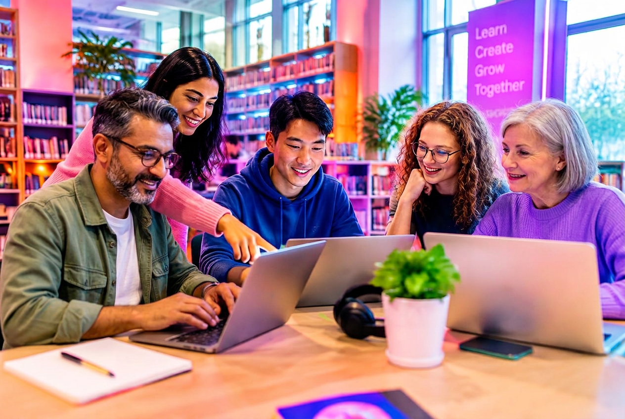 Attendees learning AI tools on laptops